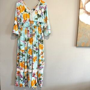 Me 2 Magic Floral Maxi Tiered Sundress V Neck Smocked Boho L